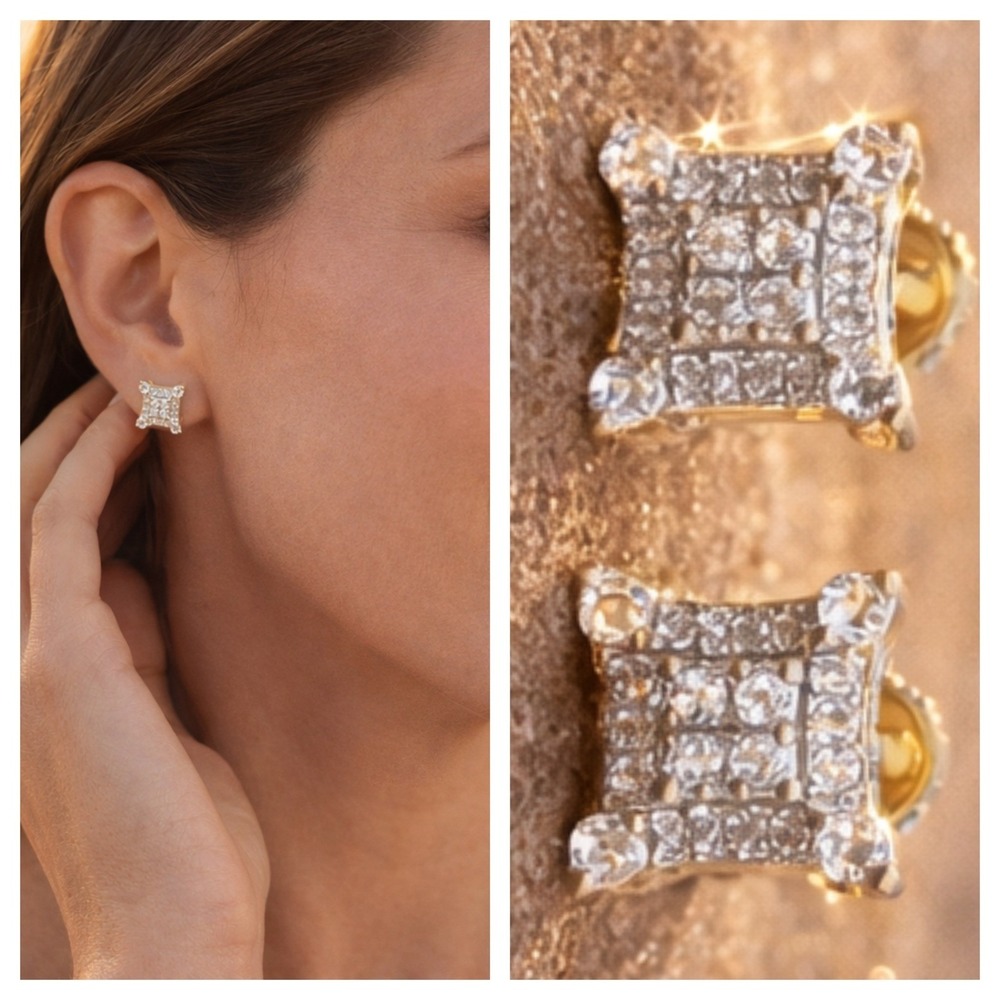 14K Gold Plate Earrings Pavé Set 925 Sterling Silver Moissanite Square Certified
